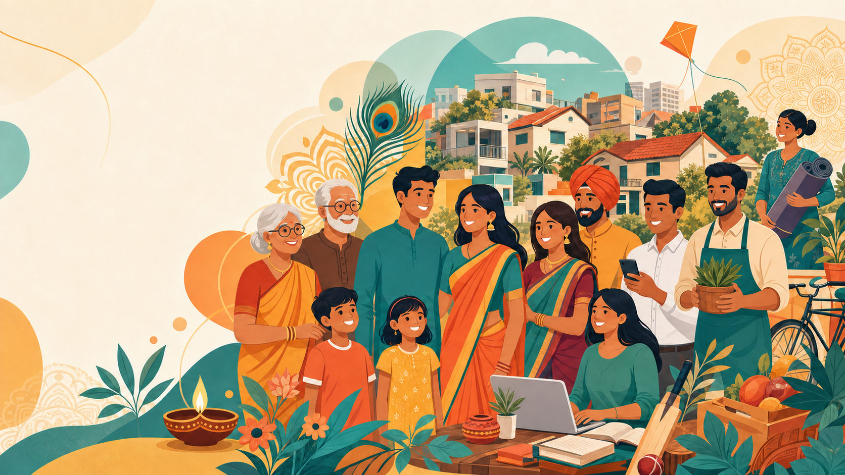 An illustrated Indian community with families, neighbors, local services, housing, and marketplace details